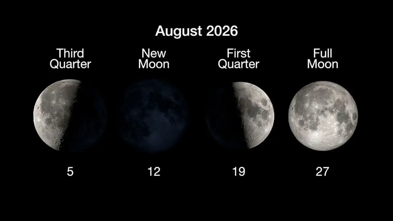 Infografía con las fases de la Luna de agosto de 2026, incluida la Luna llena del día 27.