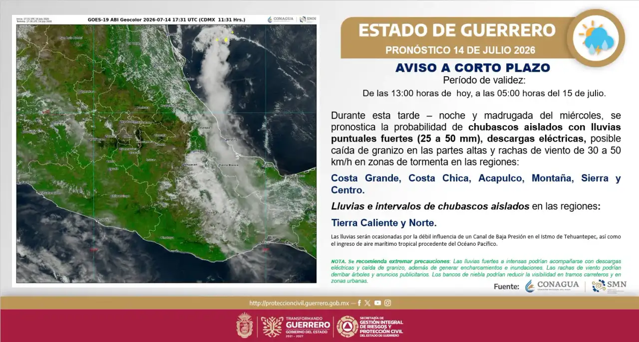 Mapa de Guerrero con regiones señaladas en alerta por lluvias fuertes
