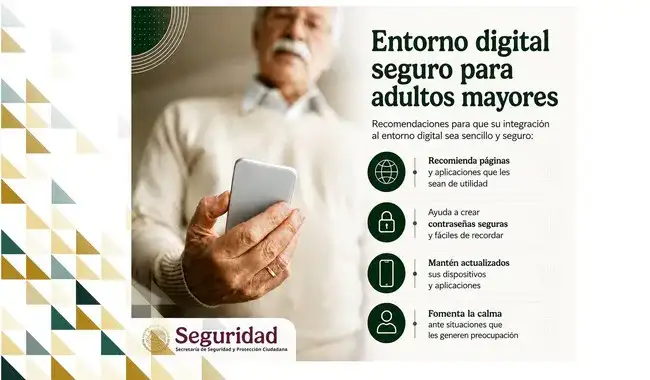 Persona adulta mayor usando un teléfono celular con supervisión de un familiar