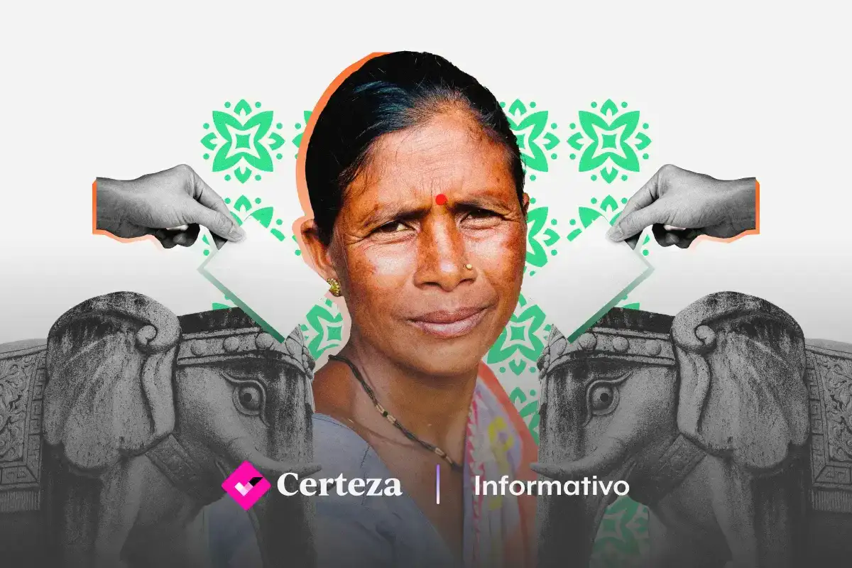 Escenario de votación en India con pantallas digitales y tecnología de IA
