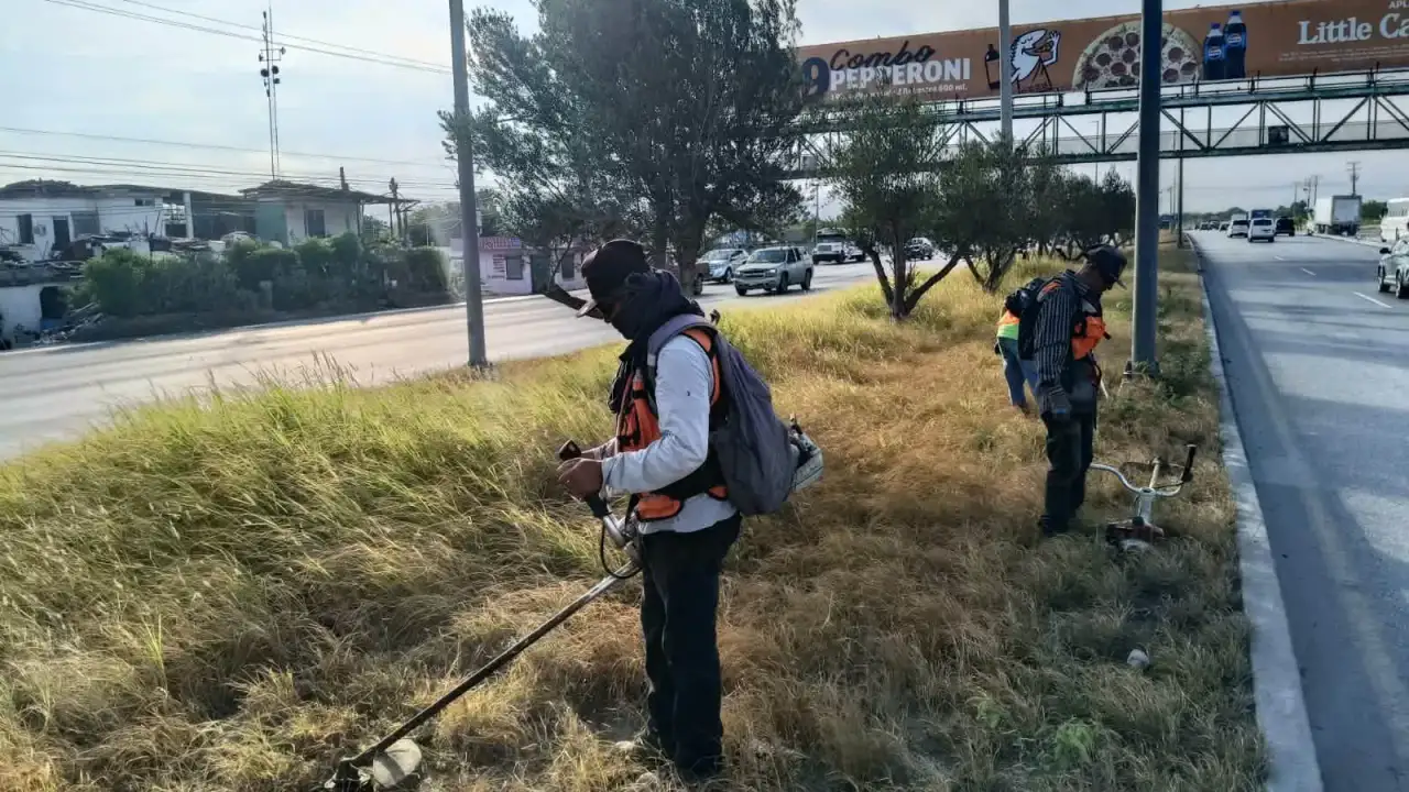 Trabajadores municipales realizan bacheo en una calle de Reynosa