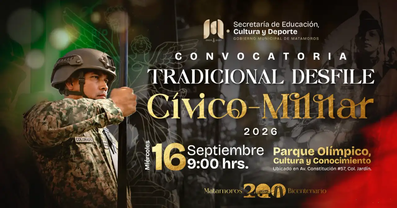 Desfile cívico-militar en Matamoros con contingentes escolares y militares