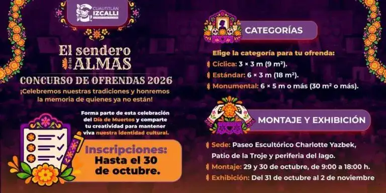 Ofrenda de Día de Muertos con flores y veladoras en un espacio público