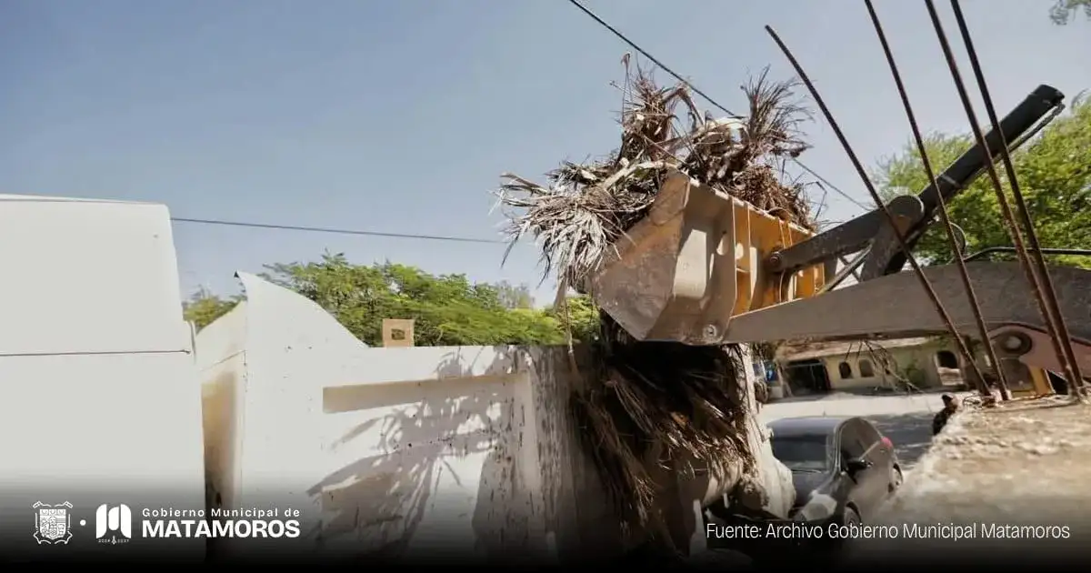 Trabajadores retiran escombros en un plantel escolar de Matamoros