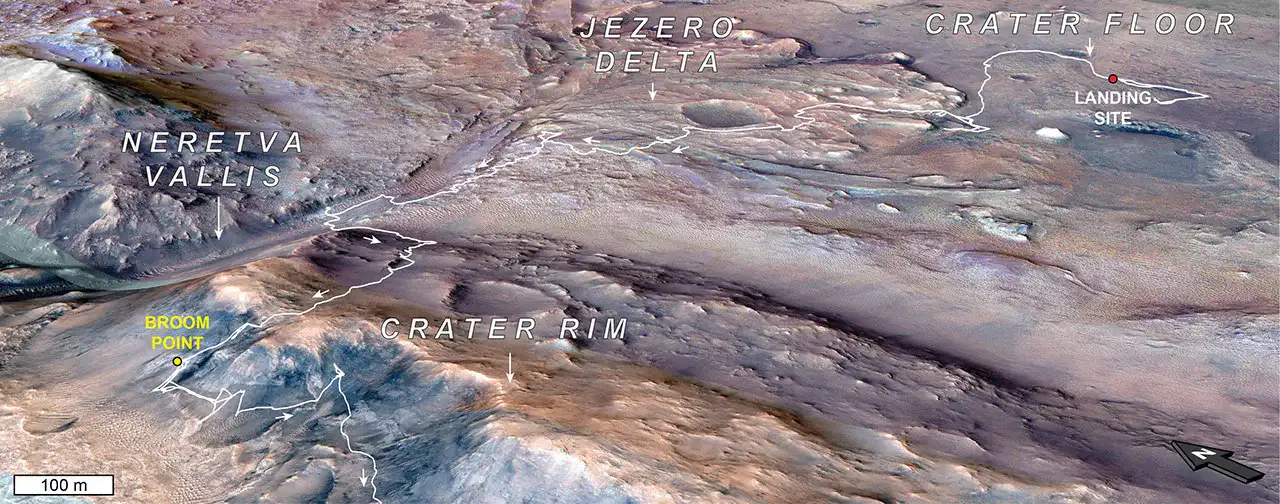 Mapa orbital de Marte con la ruta del rover Perseverance hacia la zona Broom Point, con un punto amarillo indicando la ubicación de una selfie.