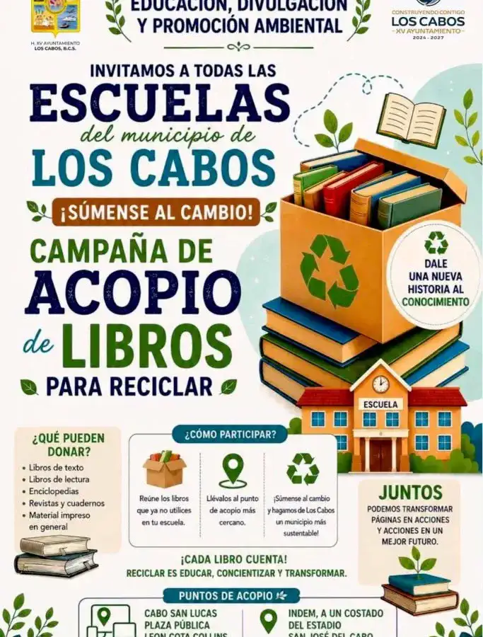 Cartel de campaña de reciclaje de libros en Los Cabos
