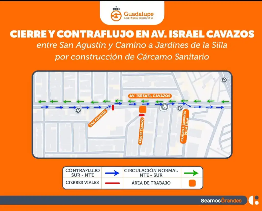 Obras viales en avenida Israel Cavazos, Guadalupe, con maquinaria de construcción