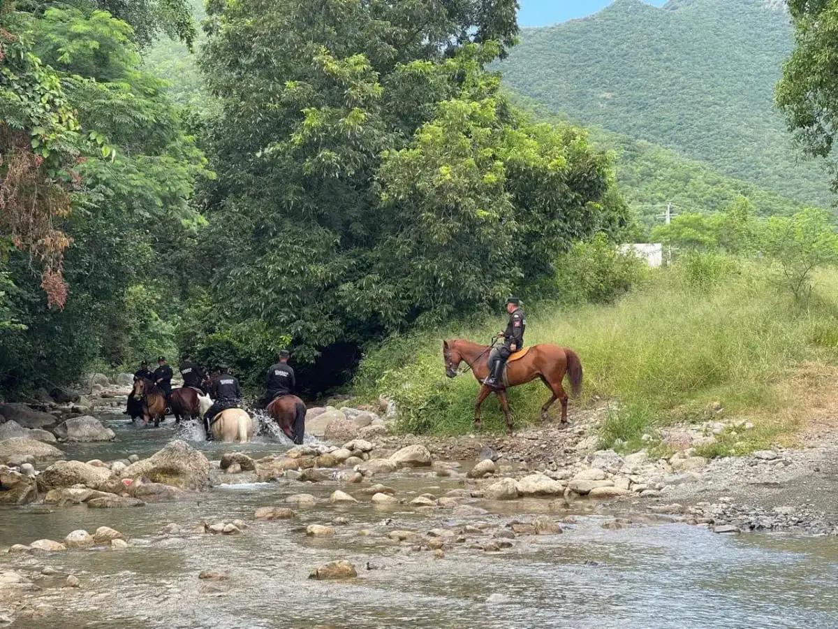 Guardias estatales a caballo patrullando en zona rural de Tamaulipas