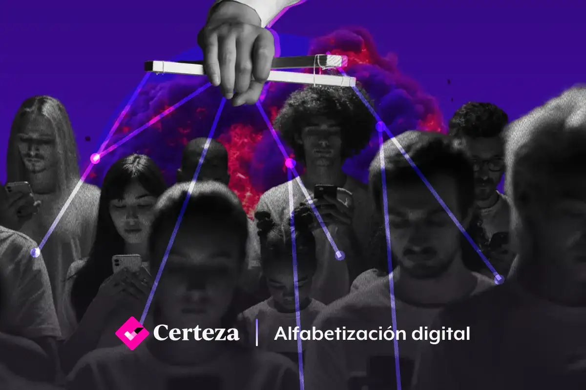 Ilustración de engranajes con íconos de redes sociales y símbolos de verificación falsos