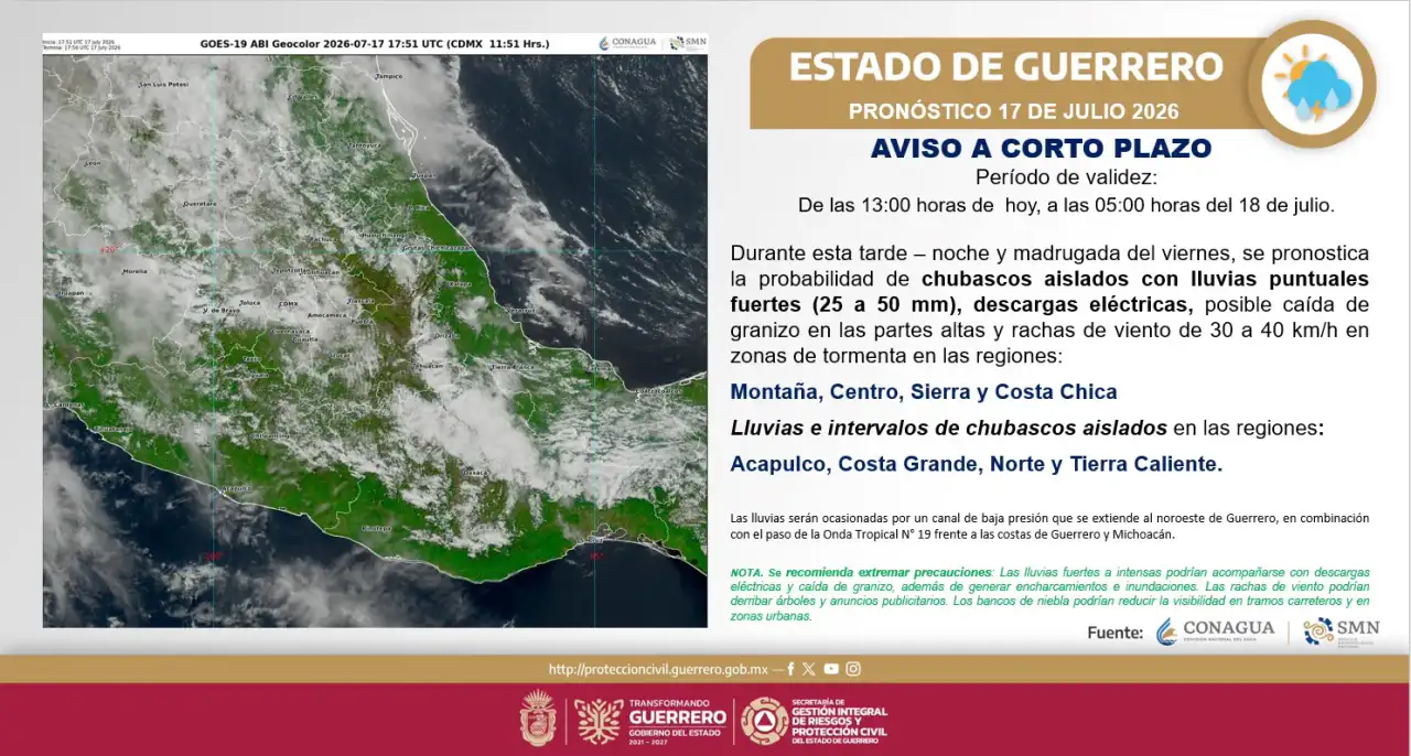 Mapa de Guerrero con regiones señaladas y nubes de tormenta