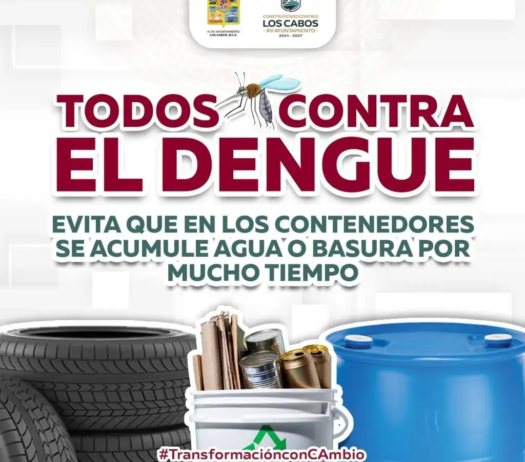 Personal de salud de Los Cabos revisa recipientes con agua estancada en un patio para prevenir criaderos de mosquitos