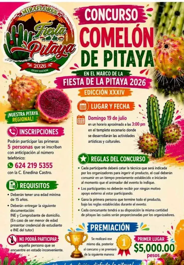 Cartel de la Fiesta de la Pitahaya Miraflores 2026 con información de concursos y fechas
