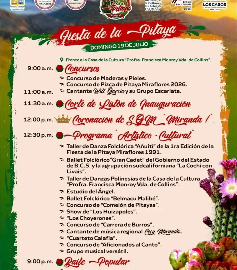 Cartel promocional de la Fiesta de la Pitaya 2026 con fondo desértico y pitayas
