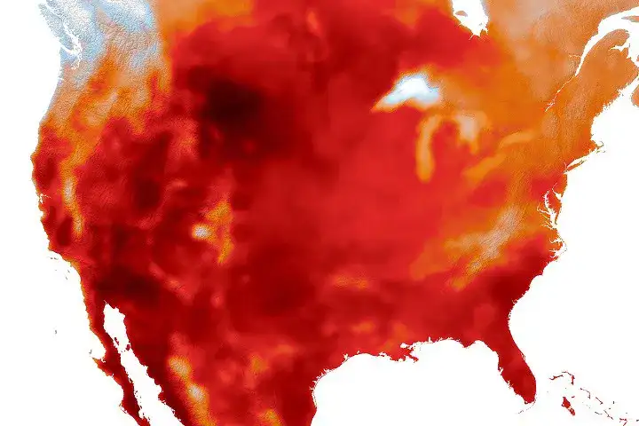 Mapa de temperaturas en Estados Unidos el 12 de julio de 2026, con tonos rojos intensos en el norte de las Montañas Rocosas.