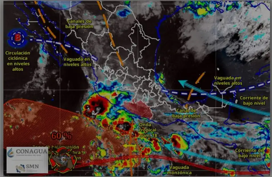 Mapa meteorológico del Pacífico mostrando zonas de baja presión frente a Guerrero