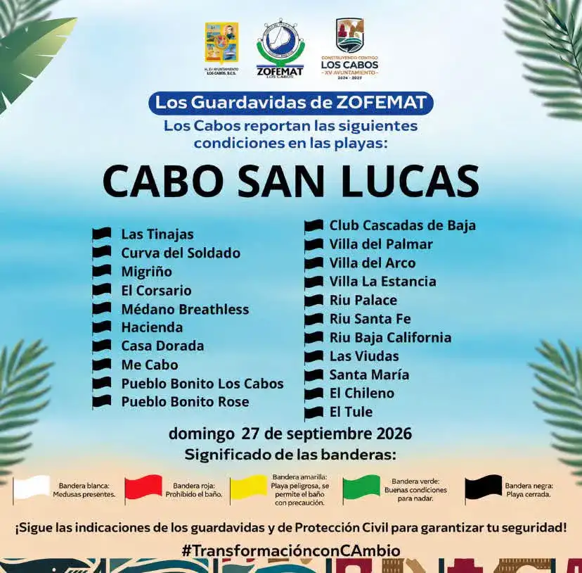 Playa de Los Cabos con bandera de advertencia y oleaje elevado