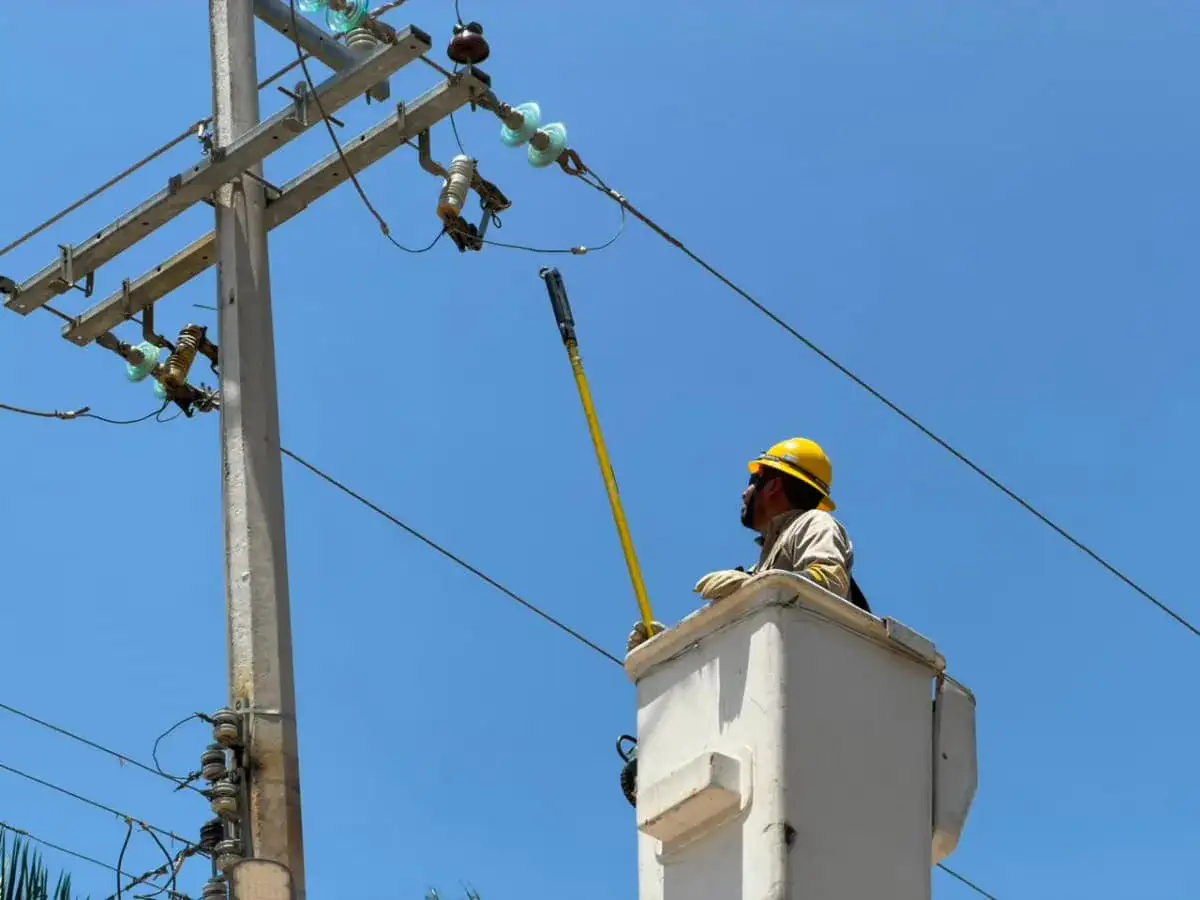 Personal de CFE trabaja en poste eléctrico en zona rural de Tamaulipas