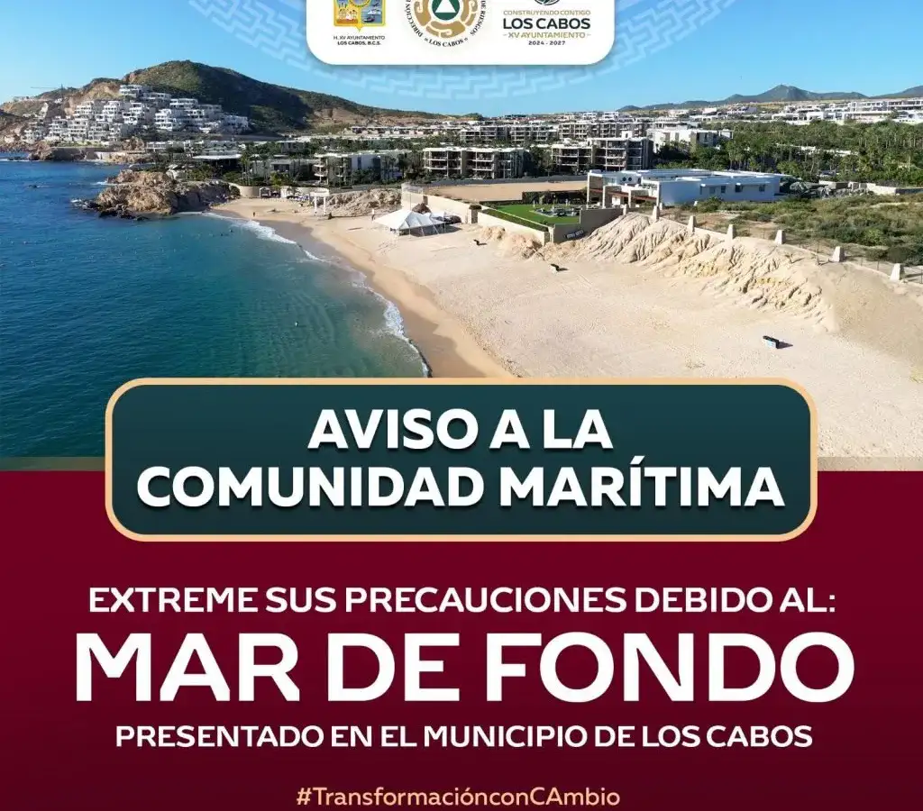 Oleaje en playa de Los Cabos durante evento de mar de fondo