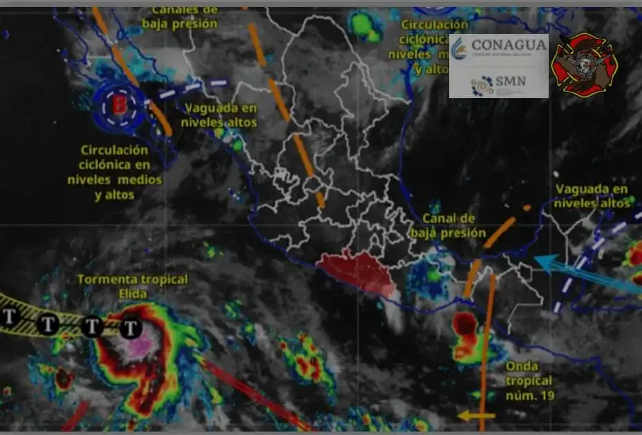 Mapa meteorológico de Guerrero con zonas de lluvia y trayectoria de tormenta Elida