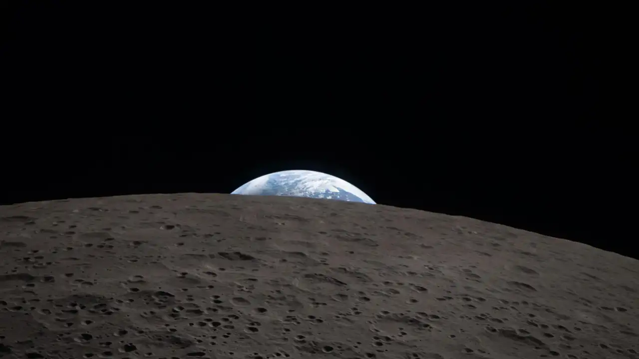 Representación artística de la nave Orion acoplada a un módulo lunar en el espacio