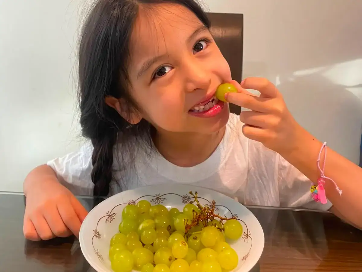 Niños comiendo frutas en un parque durante vacaciones