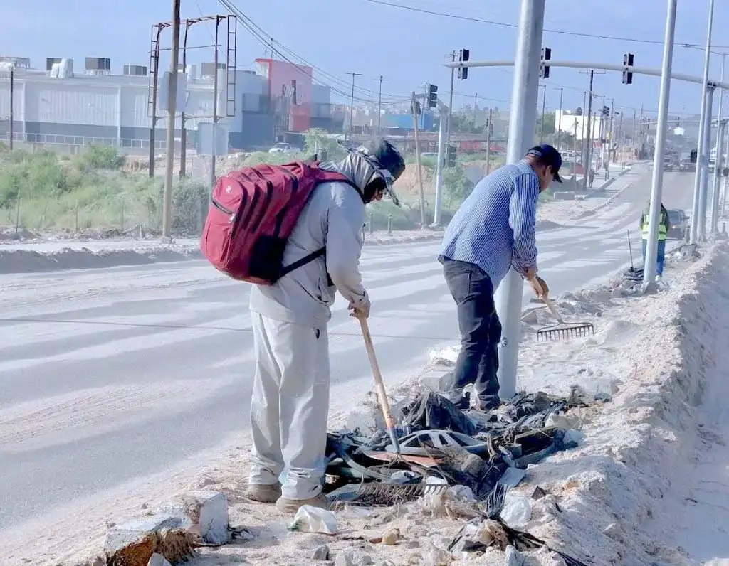 Trabajadores de limpieza retiran residuos en una avenida de Cabo San Lucas