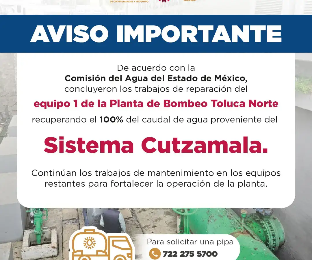 Personal de mantenimiento revisa equipos de bombeo de agua en planta de Toluca