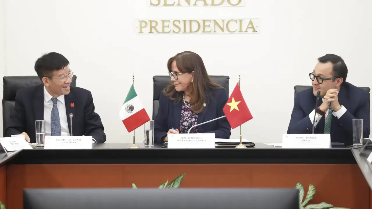 Senadora en una reunión legislativa con banderas de México y la APEC