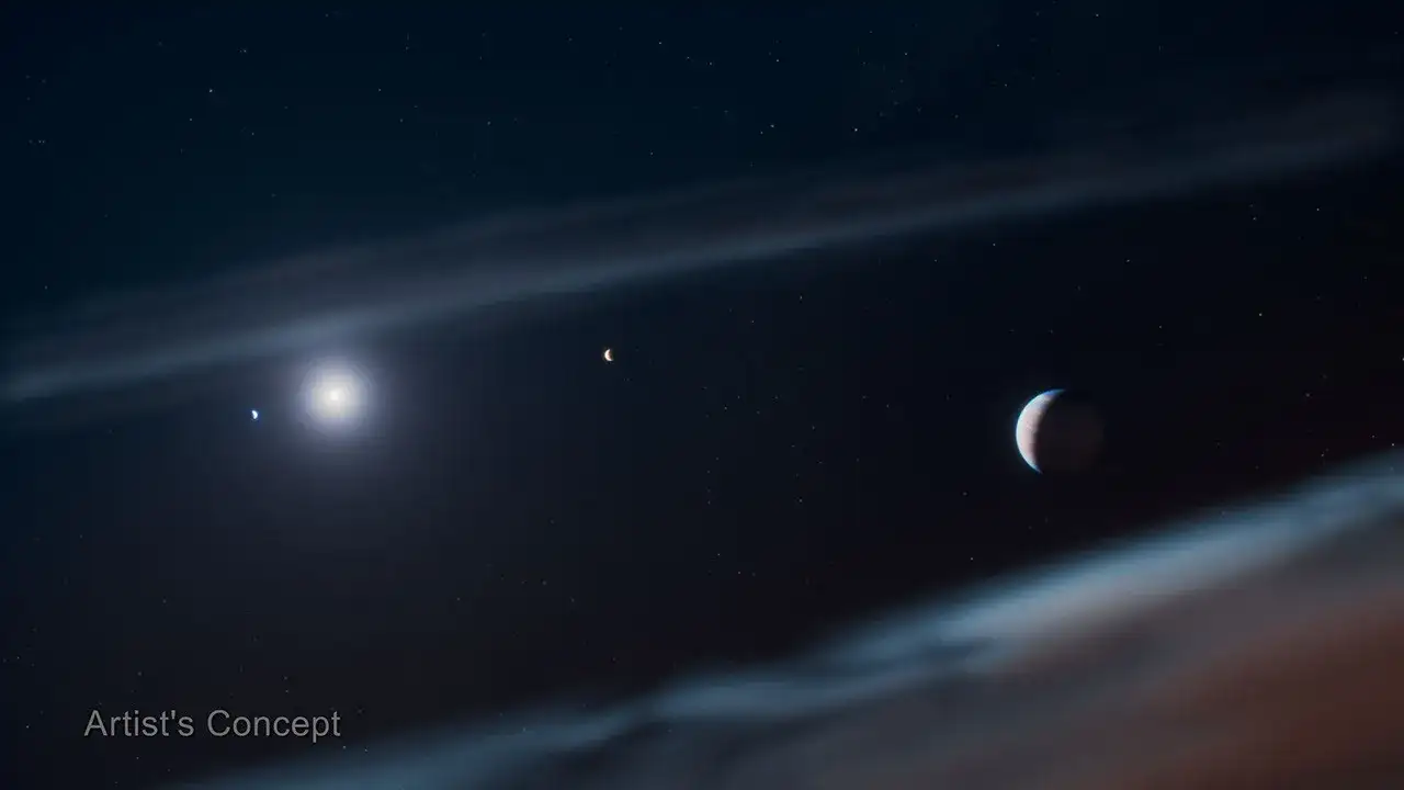 Ilustración del sistema Beta Pictoris con tres planetas y disco de escombros