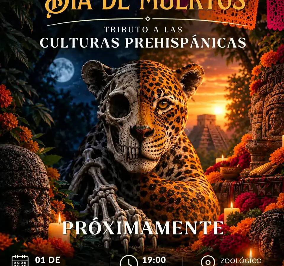 Visitantes recorren de noche las instalaciones del Zoológico Zoochilpan durante una actividad de Día de Muertos