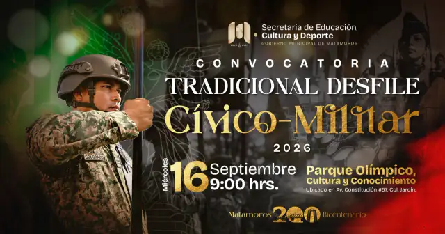Desfile cívico-militar en Matamoros con contingentes escolares y militares