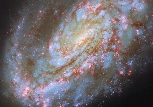 Imagen del telescopio Hubble de la galaxia espiral NGC 4654, con borde redondeado a un lado y cola de gas al otro, más burbujas rosadas de formación estelar