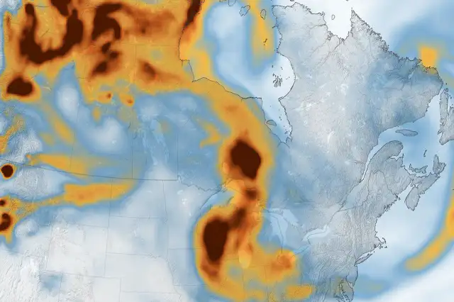 Animación satelital muestra el desplazamiento del humo de incendios en Canadá hacia Estados Unidos del 14 al 20 de julio de 2026