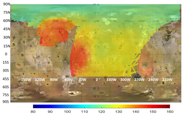 Mapa de microondas de Ío mostrando gradiente térmico con puntos rojos de alta temperatura