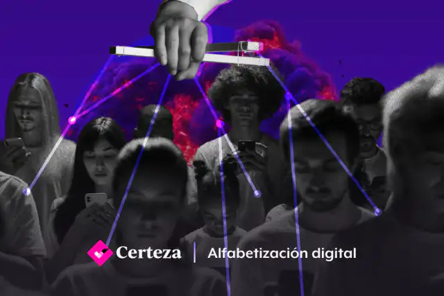 Ilustración de engranajes con íconos de redes sociales y símbolos de verificación falsos