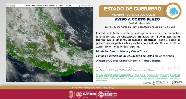 Mapa de Guerrero con regiones señaladas y nubes de tormenta