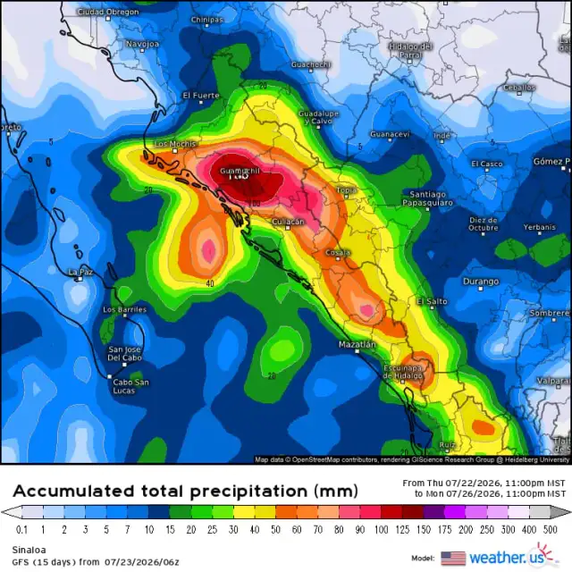 Mapa de pronóstico de lluvias en Sinaloa para el fin de semana