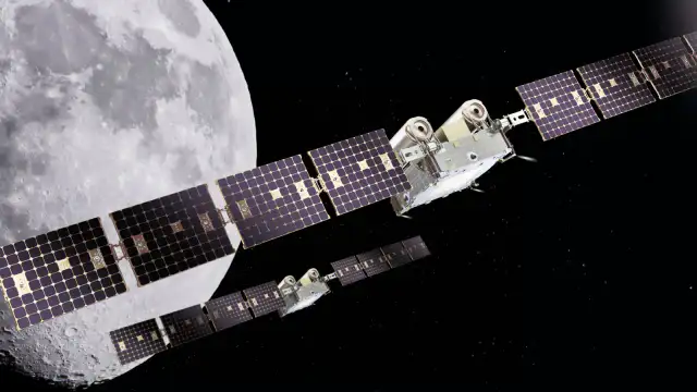Ilustración de dos naves espaciales pequeñas en órbita alrededor de la Luna