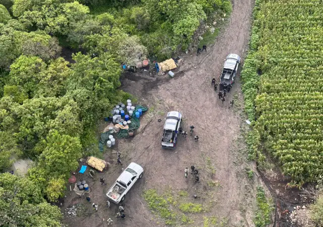 Elementos de seguridad revisan tambos y bidones asegurados en un operativo en zona serrana de Acámbaro.