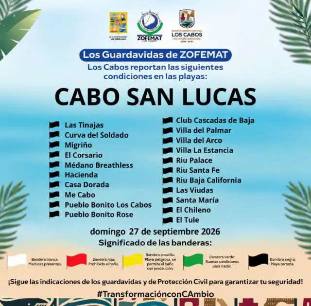 Playa de Los Cabos con bandera de advertencia y oleaje elevado