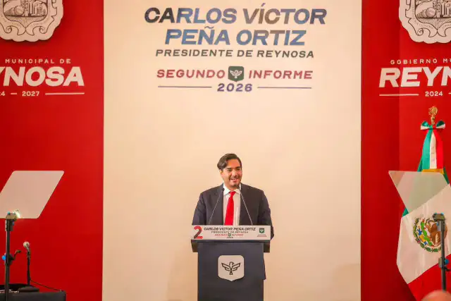 Alcalde Carlos Peña Ortiz durante su segundo informe de gobierno en Reynosa