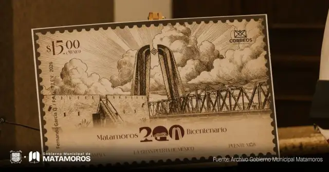 Sello postal con diseño del bicentenario de Matamoros con monumentos