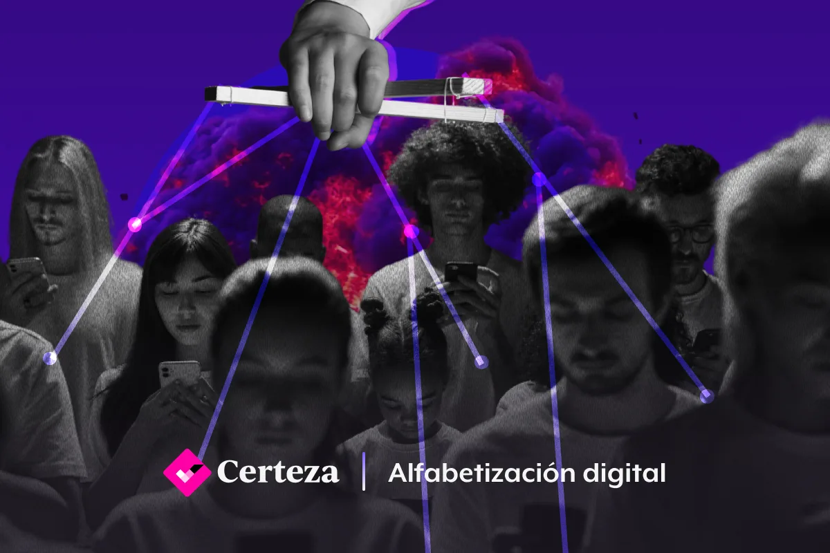 Ilustración de engranajes con íconos de redes sociales y símbolos de verificación falsos