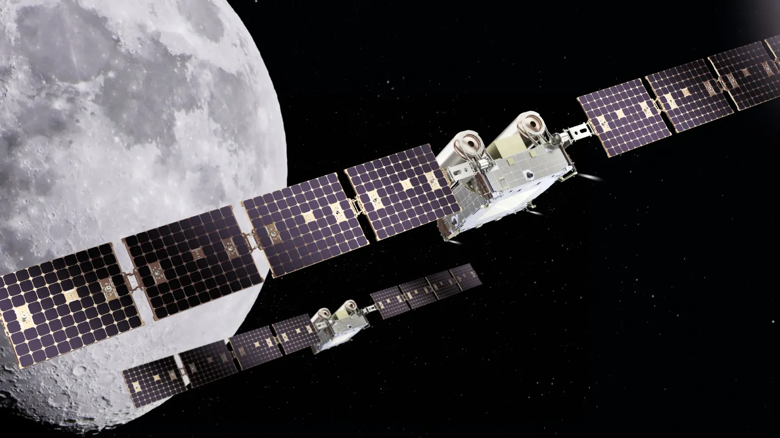 Ilustración de dos naves espaciales pequeñas en órbita alrededor de la Luna