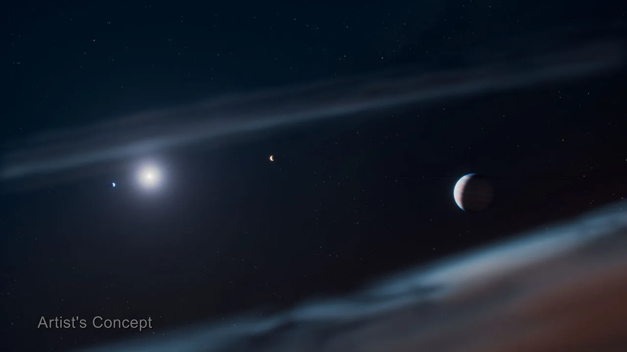 Ilustración del sistema Beta Pictoris con tres planetas y disco de escombros